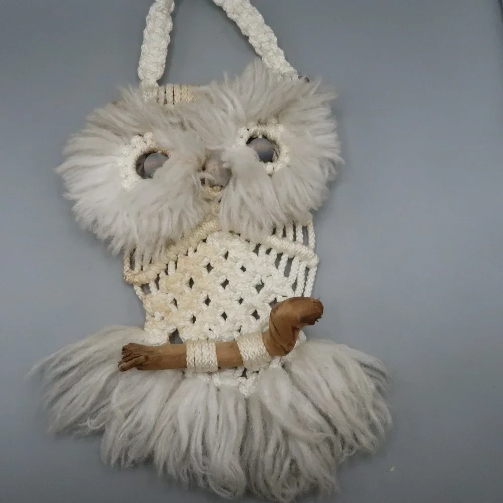 Handmade Macrame White Owl on‎ Wood Branch Wall Hanging 21 inches